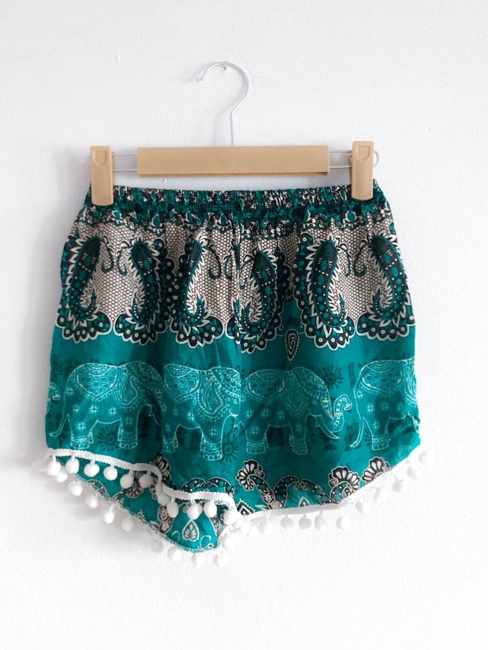 Boho turquoise elephant print tassel Short Shorts 100% cotton